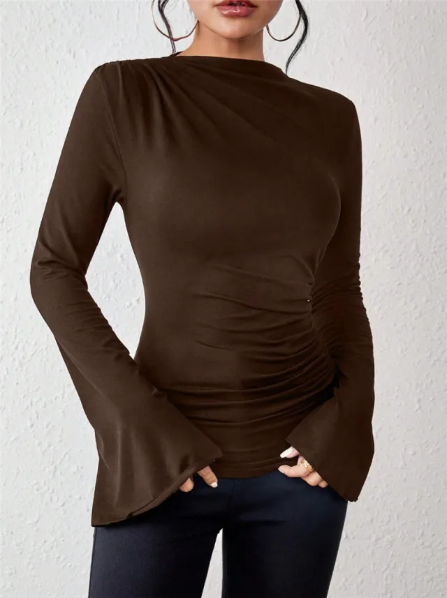Women's Bell Sleeve Stand up Collar Slim Fit T shirt Brown - Shop at LoveMi