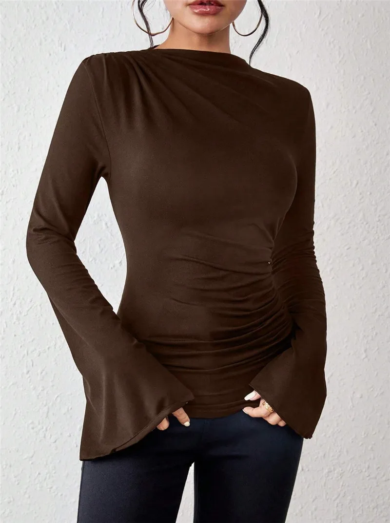 Women's Bell Sleeve Stand-up Collar Slim Fit T-shirt - Brown