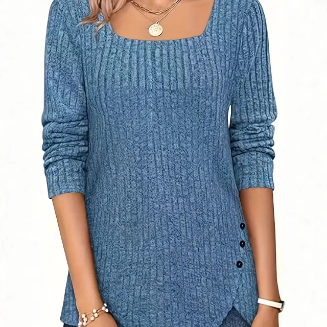 Solid Color Rib Fabric Square Collar Loose Long Sleeve Top Sky Blue - Shop at LoveMi