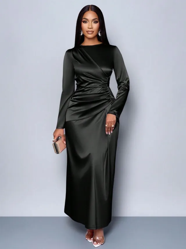 Womens Solid Color Satin Fashionable And Elegant Dress Black - Shop at LoveMi