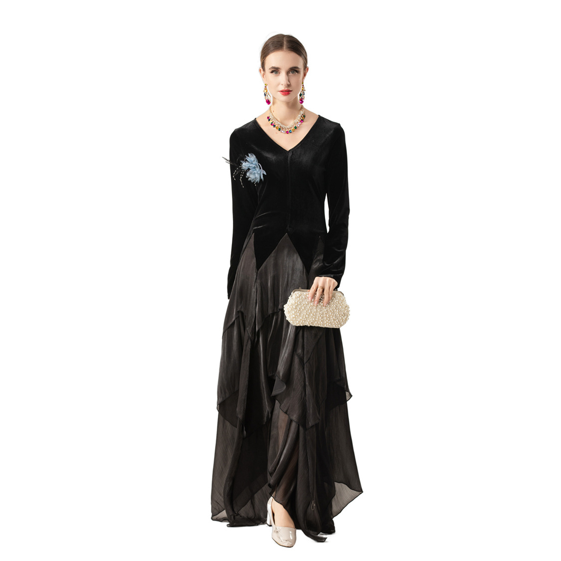 Velvet Smooth V-neck Long-sleeve Patchwork Asymmetrical Hem Maxi Dress