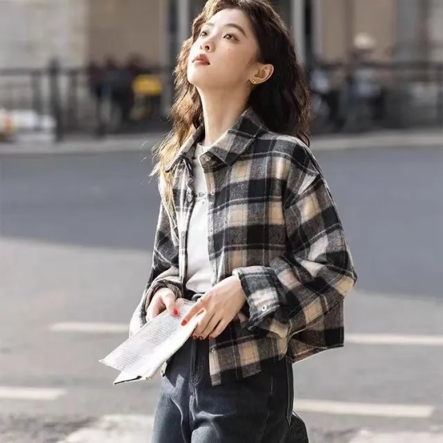 Retro Brushed Loose Plaid Short Long Sleeve Coat Black - Shop at LoveMi