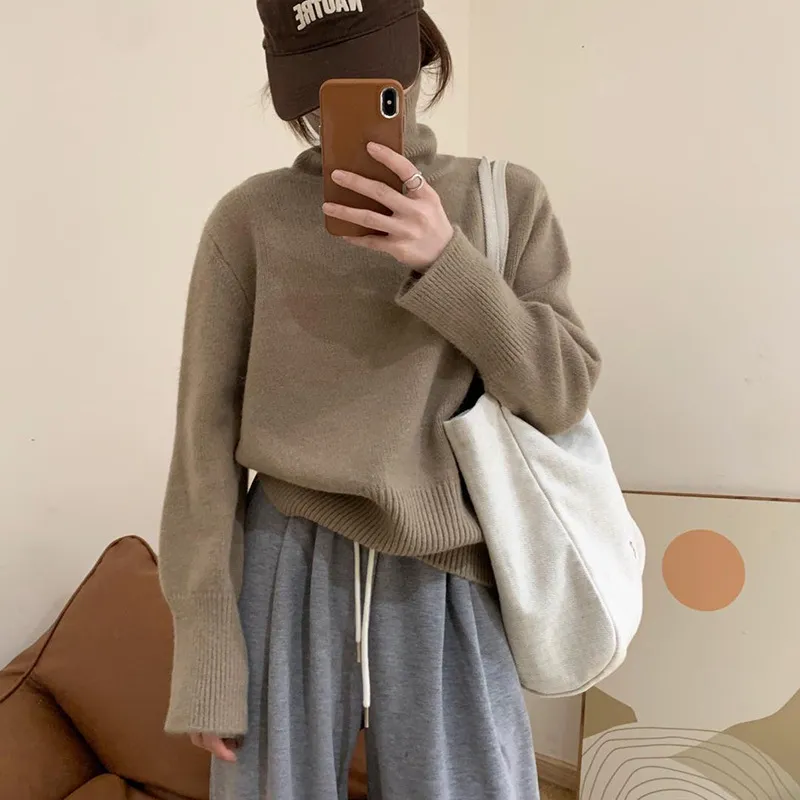 Fashion Pure Color Thickened High Collar Bottoming Sweater - Camel