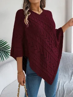 Cable Loose-fitting Cloak Sweater Coat Women's Clothing - Wine Red - View 1
