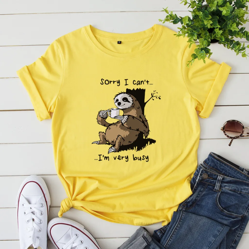 Women's Loose Crew Neck Printed Short Sleeve T-Shirt - Yellow