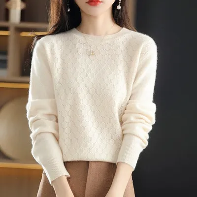 Pure Wool Sweater Women's Round Neck Pullover Loose Raw Velvet Rice S - Shop at LoveMi
