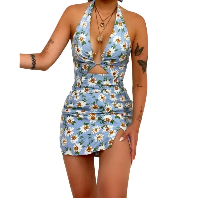 Printed Halter Backless Dress Swimsuit Blue - Shop at LoveMi