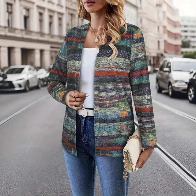 European And American New Fall Women's Clothing Printed Knitwear Contrasting Color Striped Jacket Dark Purple - Shop at LoveMi