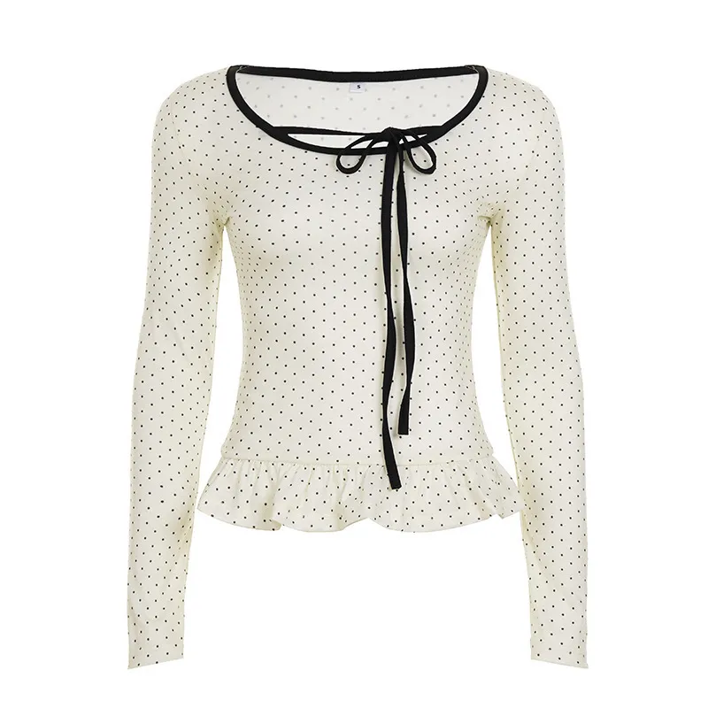 Polka-dot Printed Lace-trimmed Long-sleeve Top For Women - White