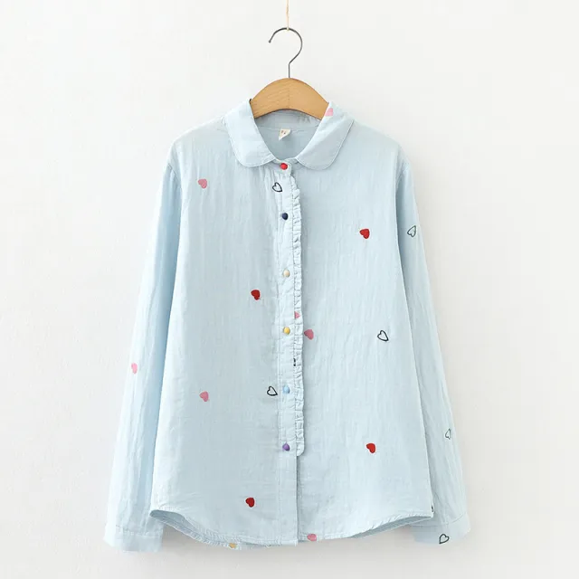 Artistic Double layer Cotton Yarn Doll Collar Printed Long sleeved Shirt Light Blue - Shop at LoveMi