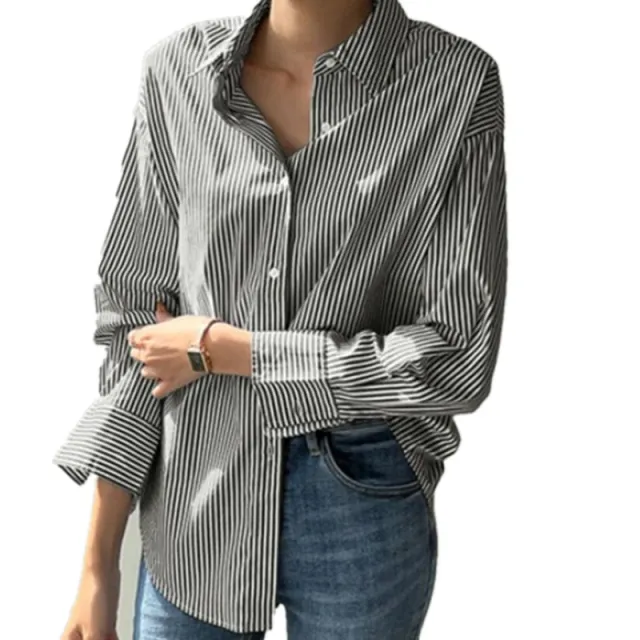 Women's Loose Casual Striped Long sleeved Shirt Gray - Shop at LoveMi