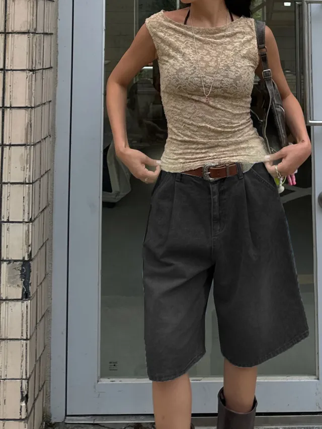 Retro Pleated Wide Leg Straight Denim Shorts Without Belt Black - Shop at LoveMi