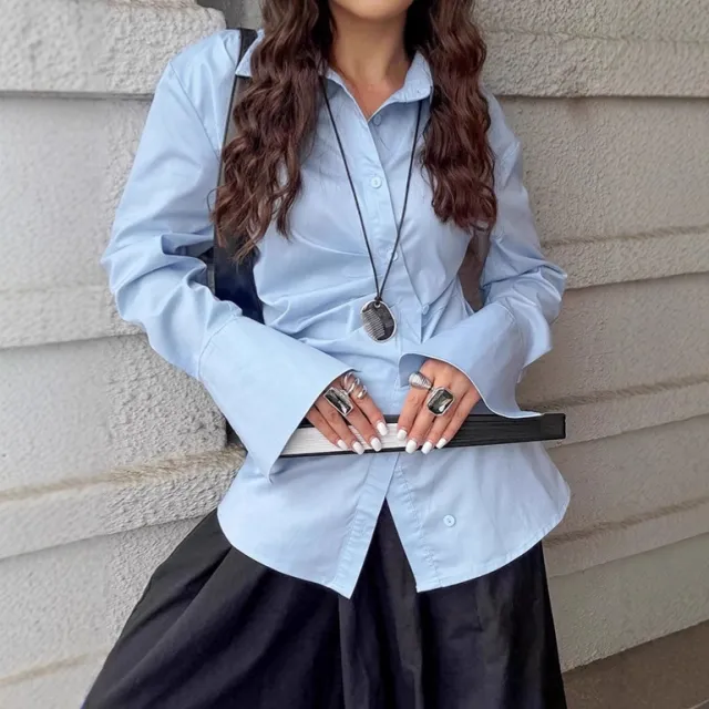 French Style Temperament Lapel White Shirt For Women Autumn Blue - Shop at LoveMi