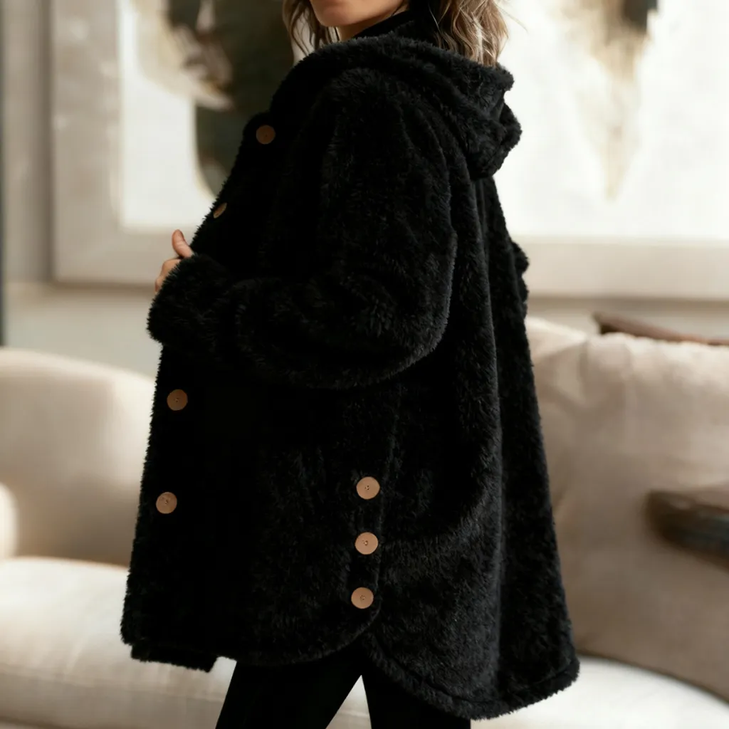 Women's Loose Hooded Fleece Casual Jacket - Black
