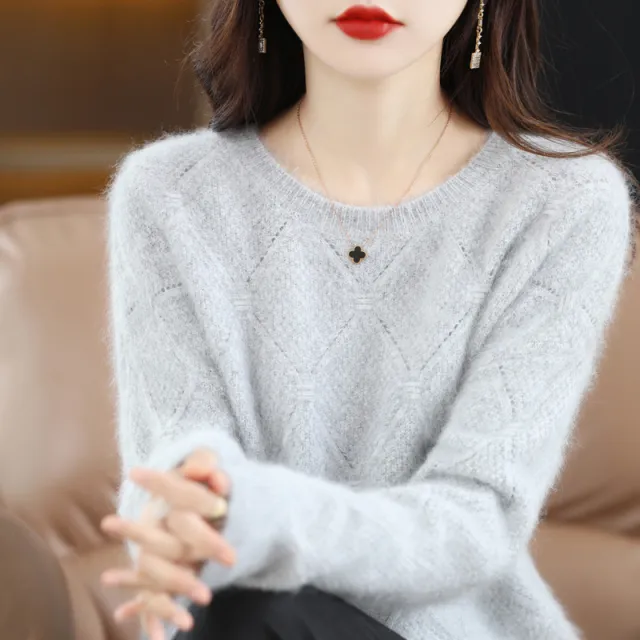 Hollow Round Neck Mink Sweater Women Light Gray - Shop at LoveMi