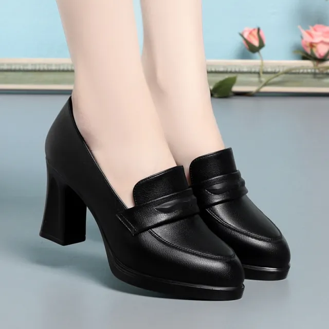 Women's Pumps Comfortable Round Head Chunky Heel Stable Soft Surface Black - Shop at LoveMi