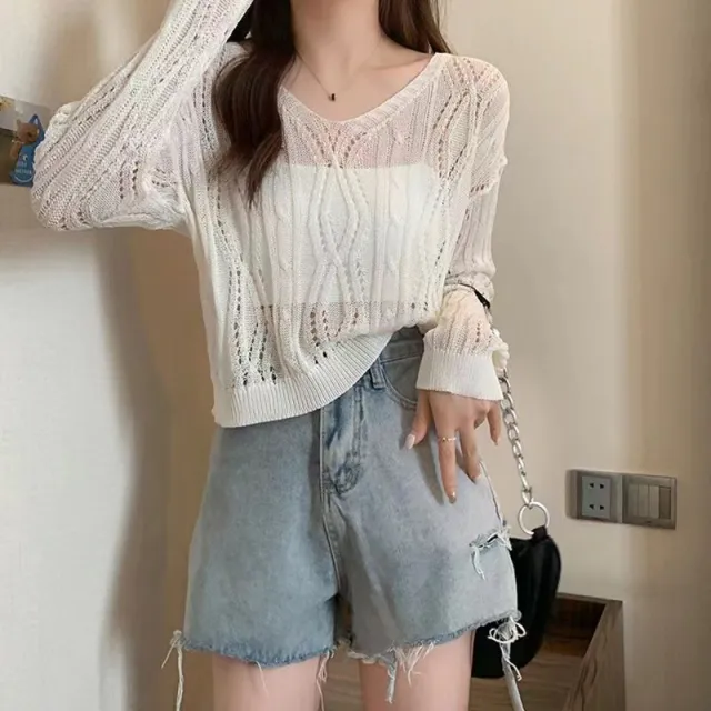 Women's V neck Pullover Long sleeved Hollow Sweater White - Shop at LoveMi