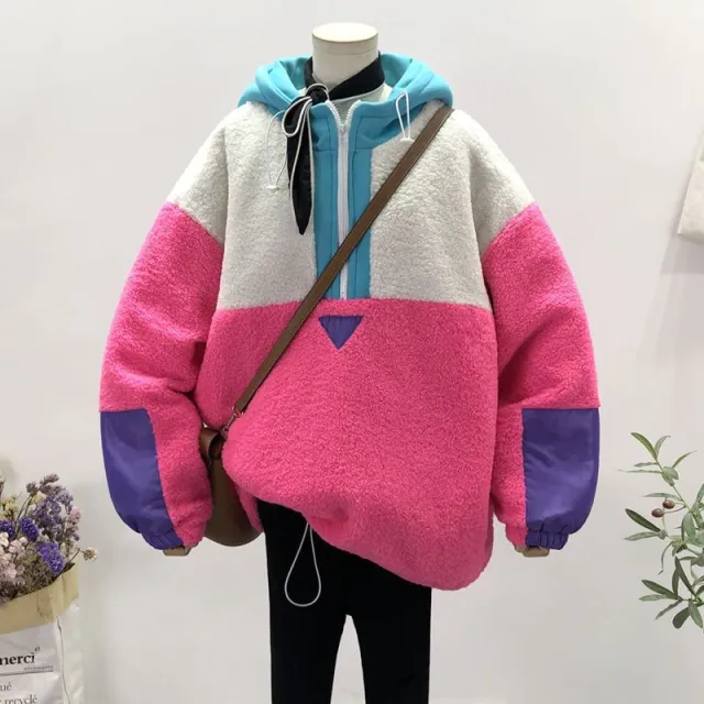 Women's Korean Style Loose Hooded Wool Pullover Rose Red - Shop at LoveMi