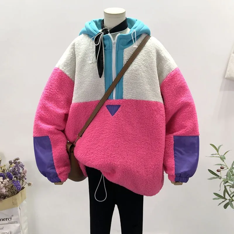 Women's Korean Style Loose Hooded Wool Pullover - Rose Red