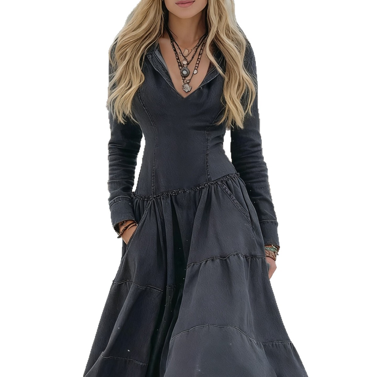 Long-Sleeve Denim-Style Midi Dress, picture 6 of 10