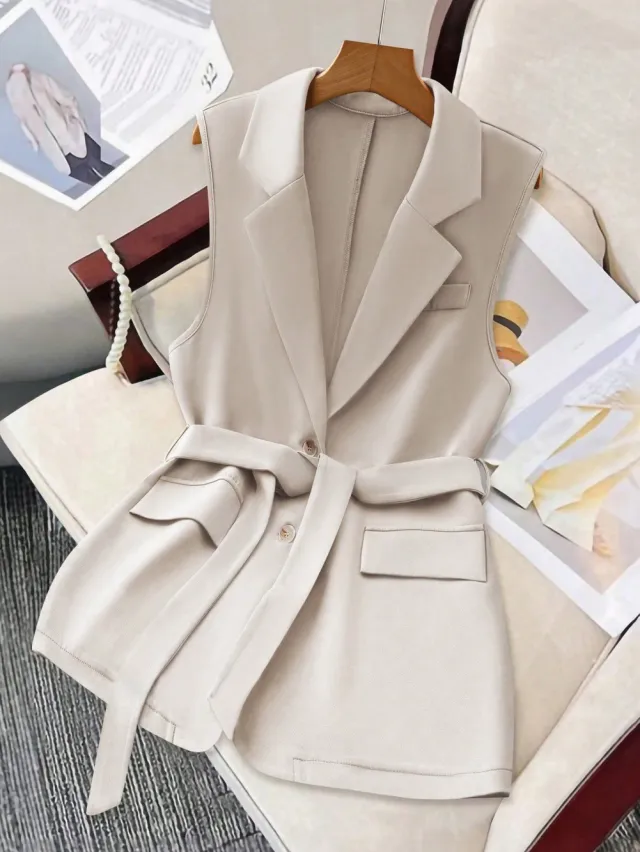 Spring Womens Simple Solid Color Belted Blazer Vest Apricot - Shop at LoveMi