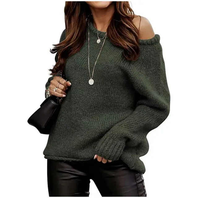 Strapless Round Neck Pullover Leisure Loose fitting Oversized Sweater Green - Shop at LoveMi