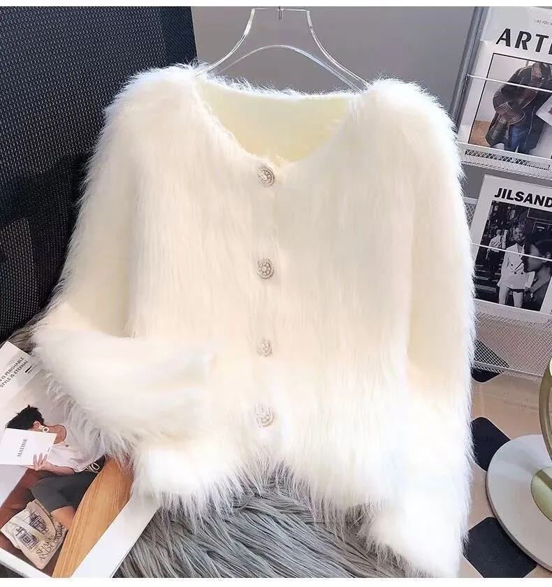 Autumn And Winter Thickening Sweet Gentle And All-match Knitted Cardigan For Women - Ivory White