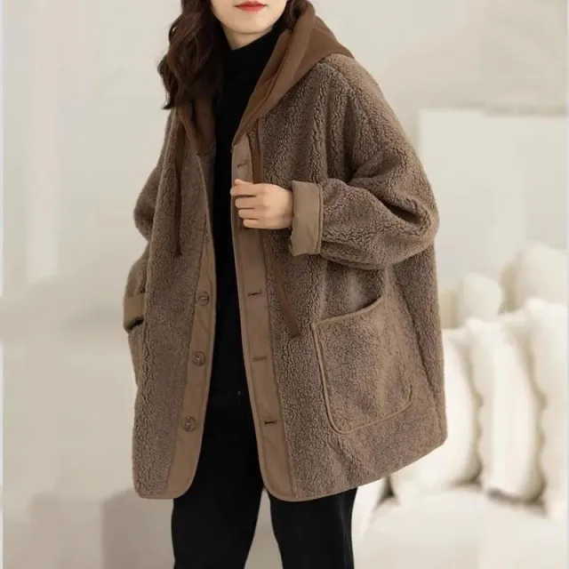 Lamb Wool Fleece lined Hooded Women's Short Jacket Brown - Shop at LoveMi