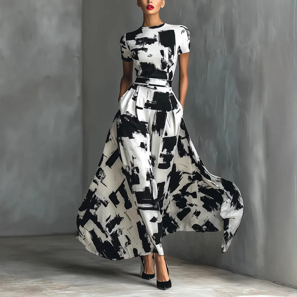 Modern Art-Style Black-and-White Abstract Print Dress - White