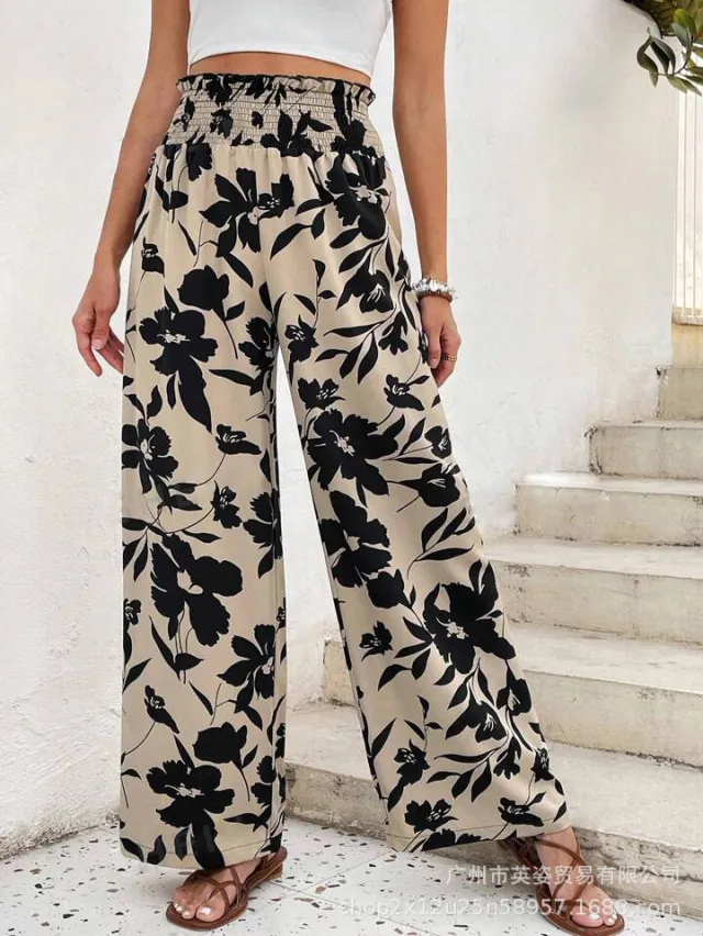 Casual Simple Comfortable High Waist Flower Print Wide Leg 2Color - Shop at LoveMi