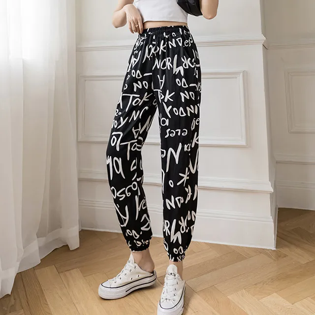 Tie dyed Ink Painting Thin Ice Silk Leisure Sports Jogger Pants Graffiti Lettered Black - Shop at LoveMi