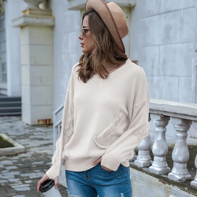 Knitted Pullover Plus Size Women's V neck Tassel Pocket Pullover Long Sleeve Sweater Female Apricot - Shop at LoveMi