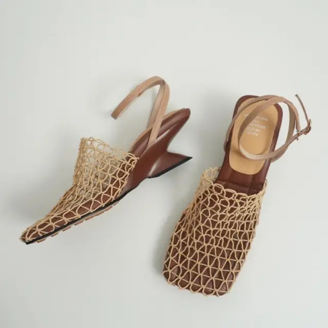 Vintage Weave Hollow out Square Toe Chunky Heel All matching Casual High Heels Apricot - Shop at LoveMi
