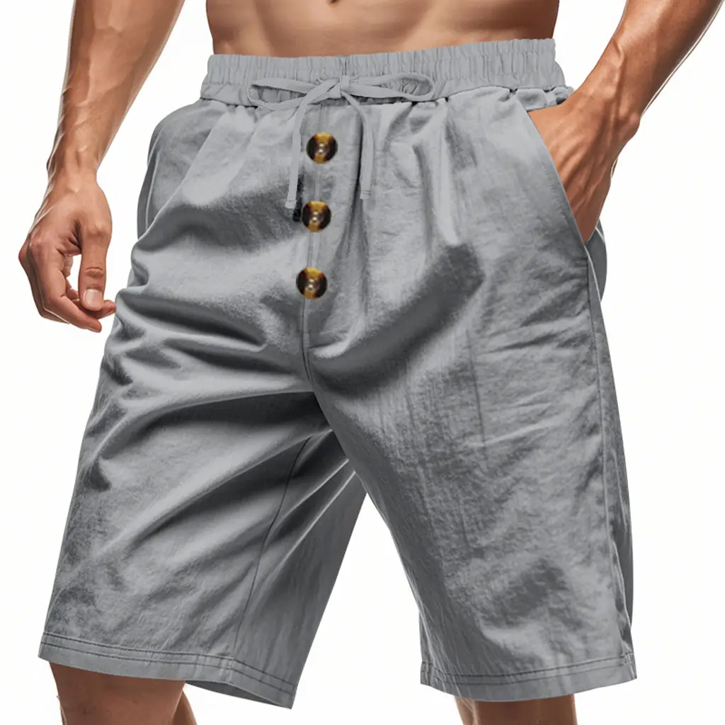 Mens Loose Linen Beach Casual Washed Button Cropped Sports Shorts