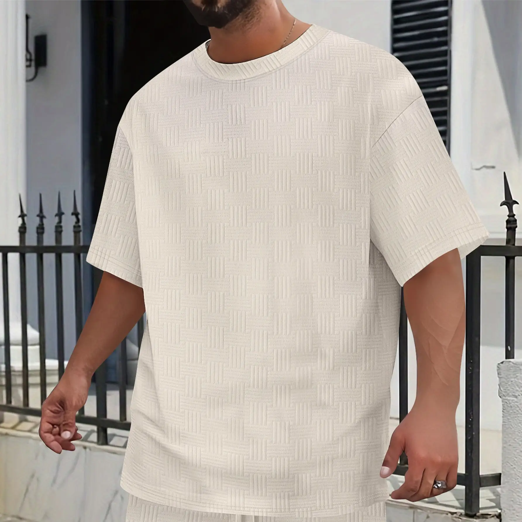 Mens Solid-Color Casual Simple Breathable Jacquard Loose Crew-Neck Short-Sleeve Shirt