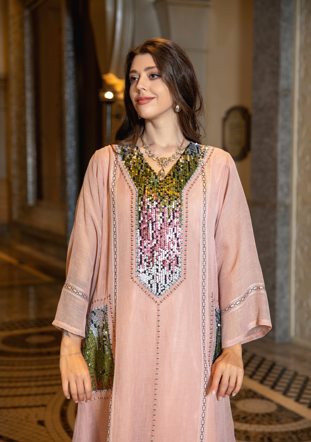 Sequin Embroidered V-Neck Long Dress, picture 8 of 12
