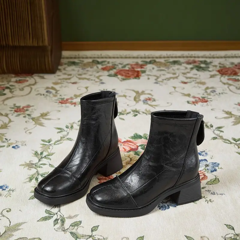 Womens Hidden-Heel 8cm Square-Toe Chunky-Heel Ankle Boots