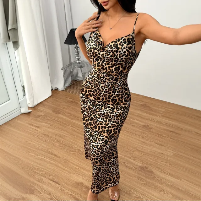 Backless Swing Collar Vacation Sexy Leopard Strap Dress Golden Leopard Color - Shop at LoveMi