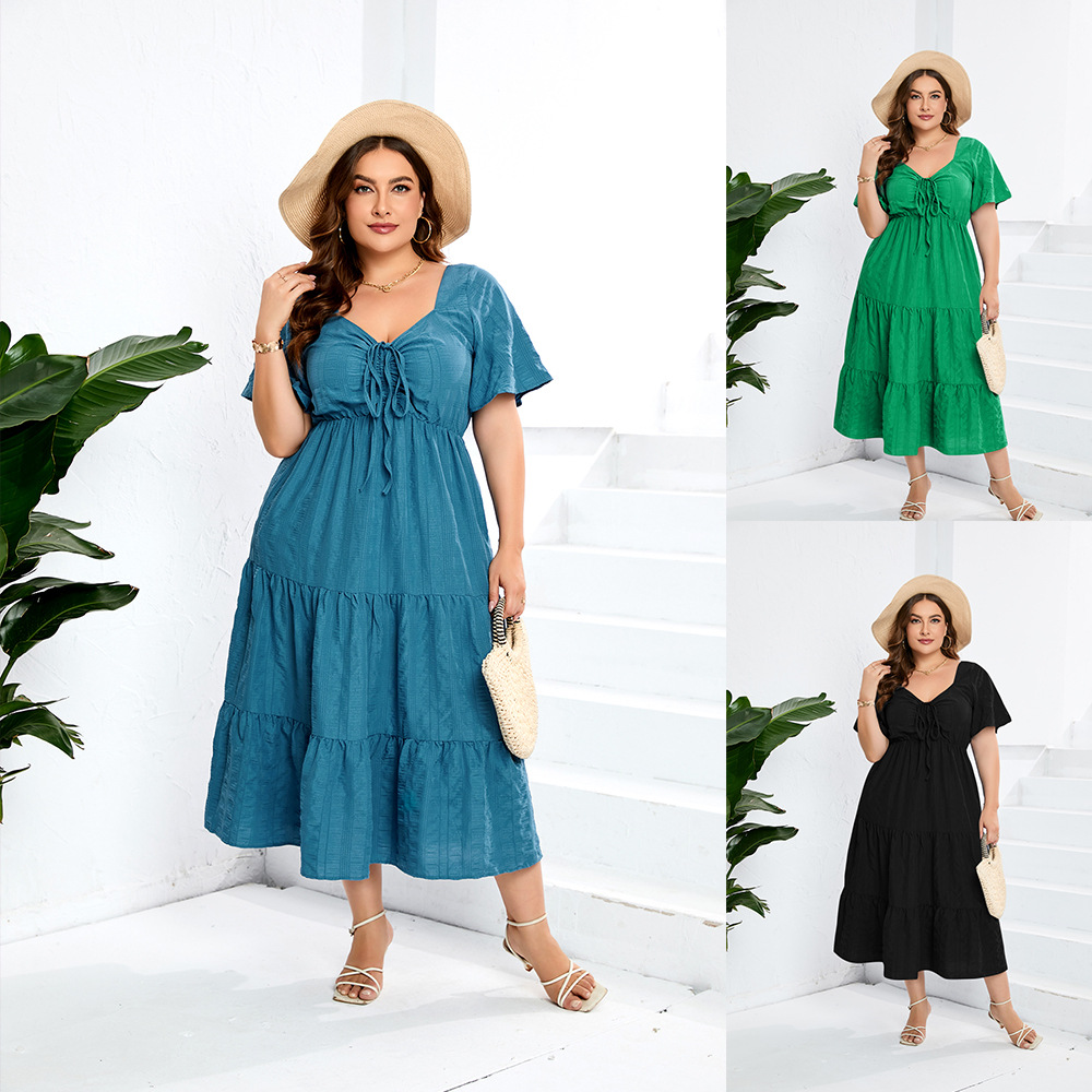 Womens Solid-color V-neck High-waisted Dress