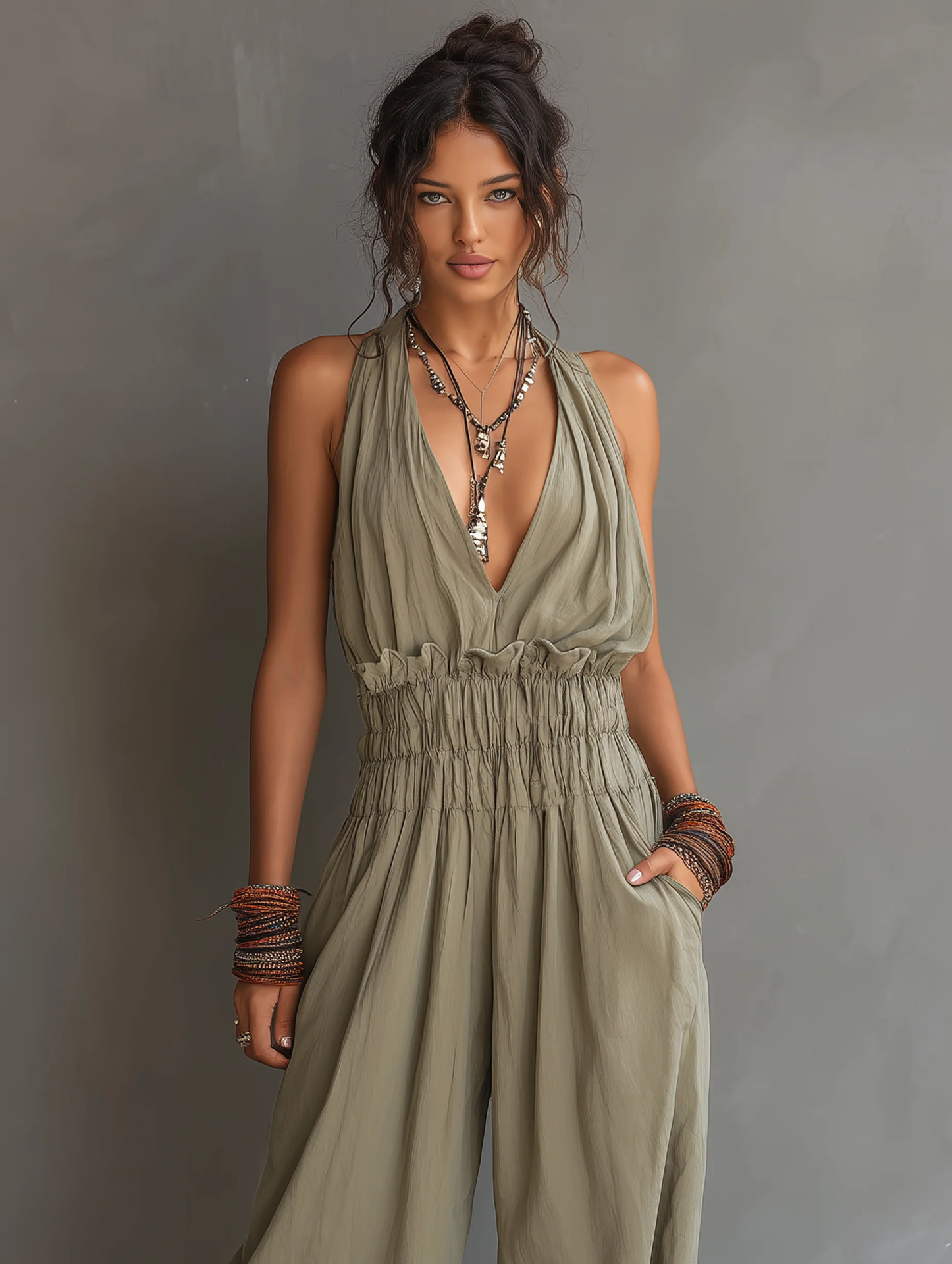 Women's V-neck halter jumpsuit with open back – front view