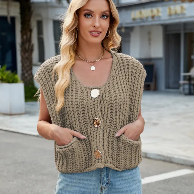 Women's V neck Three button Sleeveless Cardigan Khaki - Shop at LoveMi