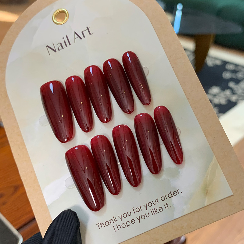 Pure Color Wine Red Light Bride Fake Nail Patch