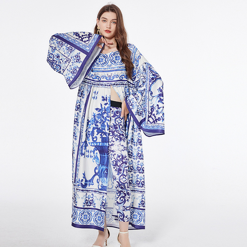 Blue And White Porcelain Printed Loose Long Sleeves Blouse Trousers Two-piece Suit