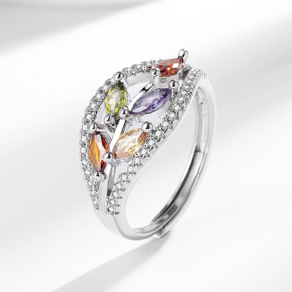 Light Luxury Personalized Color Gemstone Leaf Ring – Adjustable Open Cuff, Gold & Silver