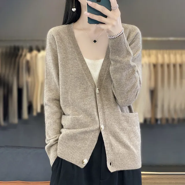 New Knitwear Cardigan Outer Wear Short Sweater With Pocket Coat Camel - Shop at LoveMi