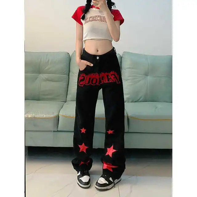Red Star Letters Jeans For Women High Waist Casual Trousers Black - Shop at LoveMi