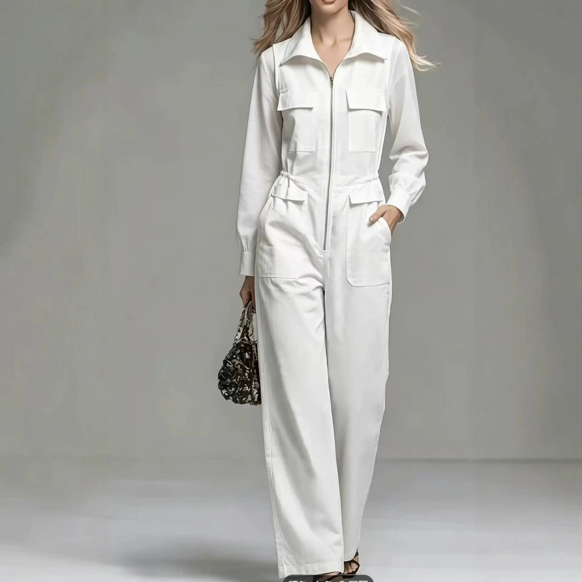 Womens White Long-sleeve Jumpsuit With A Lapel And Zipper