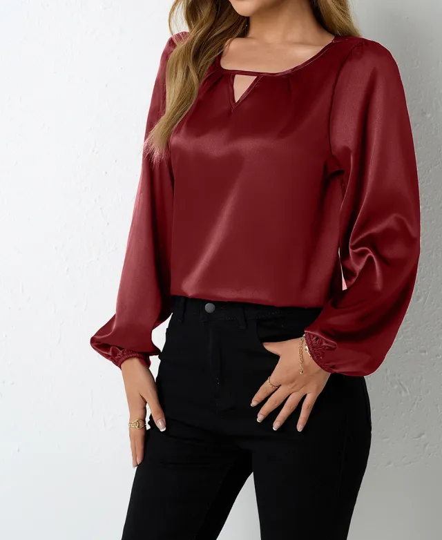 Women's Silk like Pleated Long sleeved Satin Top Wine - Shop at LoveMi