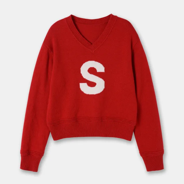 Slimming Laid back Style V neck Letter Contrast Color Pullover Knitwear All match Sweater Red - Shop at LoveMi