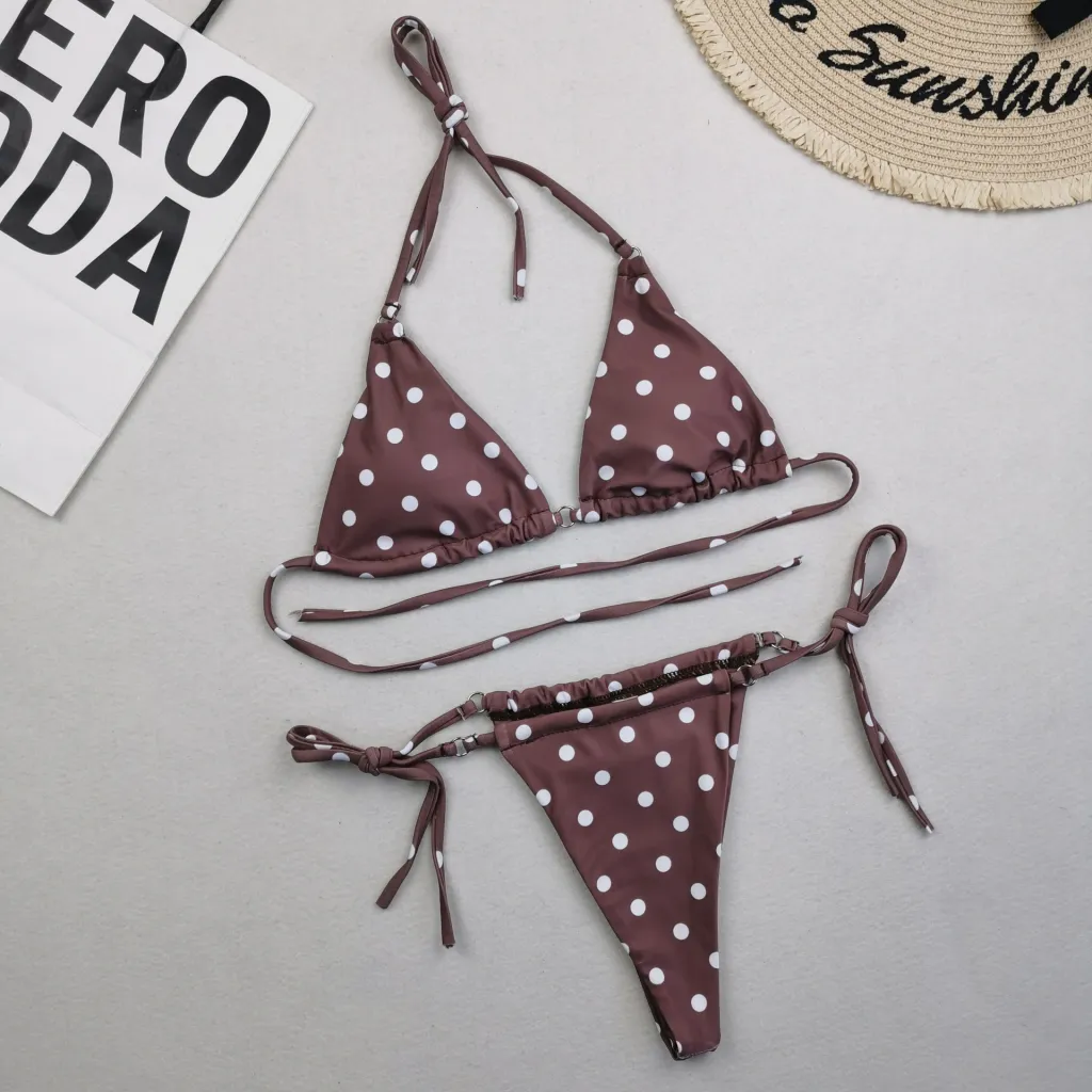 Printed Bikini Drawstring Triangle Swimsuit - Coffee
